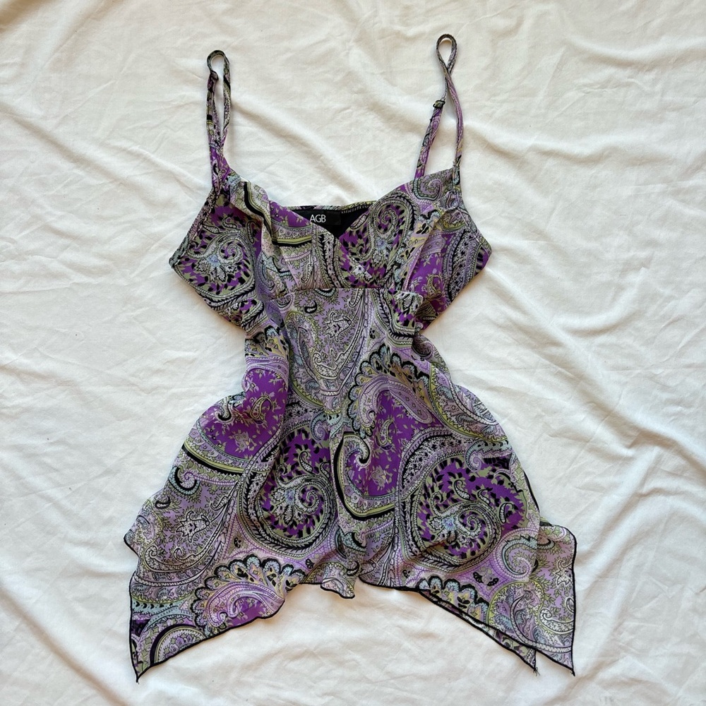 ARB Y2K vintage paisley print purple white and green babydoll fairy top